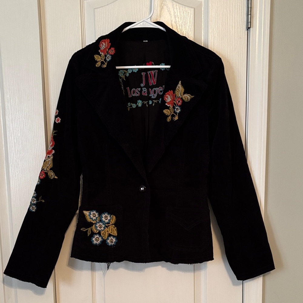 Johnny Was JW Los Angeles Black Corduroy Floral Embroidered Blazer size Large